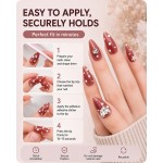 Dusty‑Red Almond Press‑On Nails, Luxury False Nails with White Polka Dots, Metal Flowers & Big Rhinestones